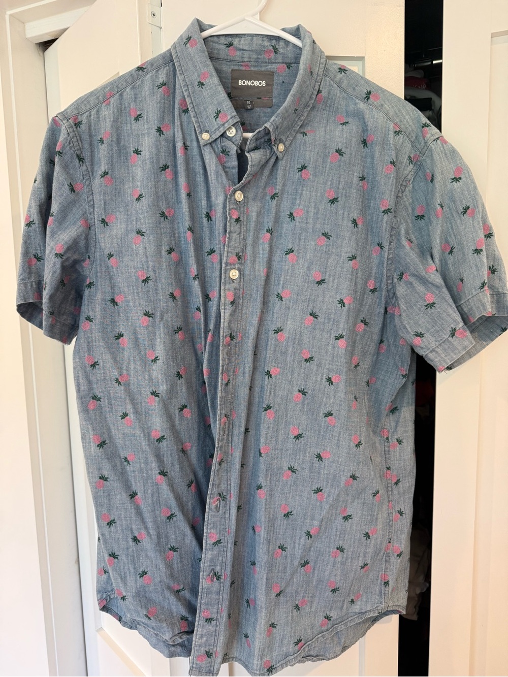 Bonobos Men's Short-Sleeve Blue Button-Down Shirt with Pink Pineapple Print XL